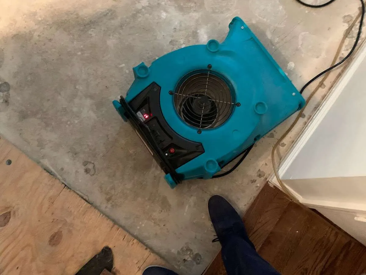 Air mover drying subfloor during Leak Detection & Repair in East Ridge